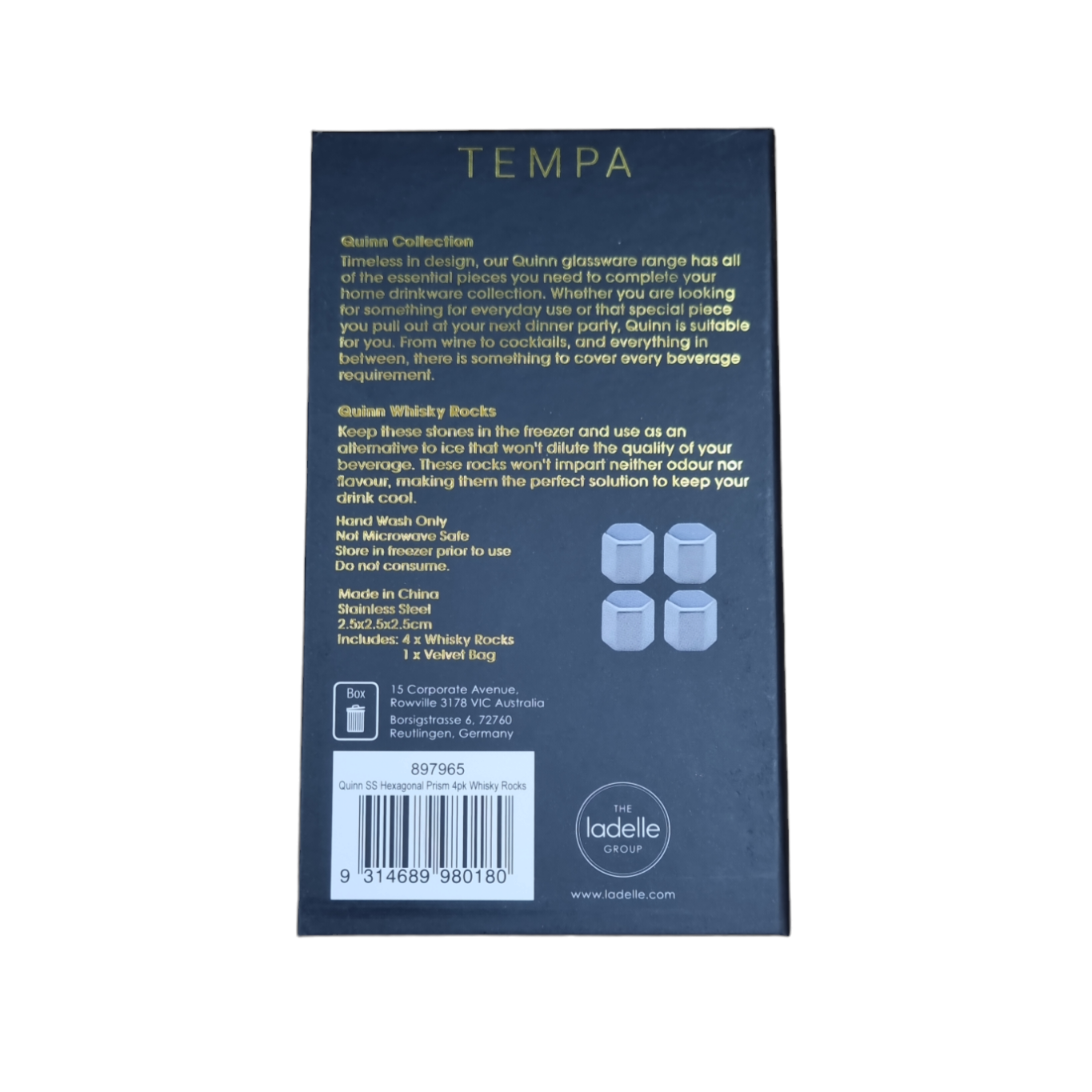 Quinn Ss Hexagonal Prism 4pk Whiskey Rocks