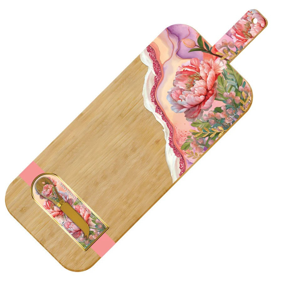 Lisa Pollock Resin Bamboo Serving Platter with Cheese Knife - Coral Peony