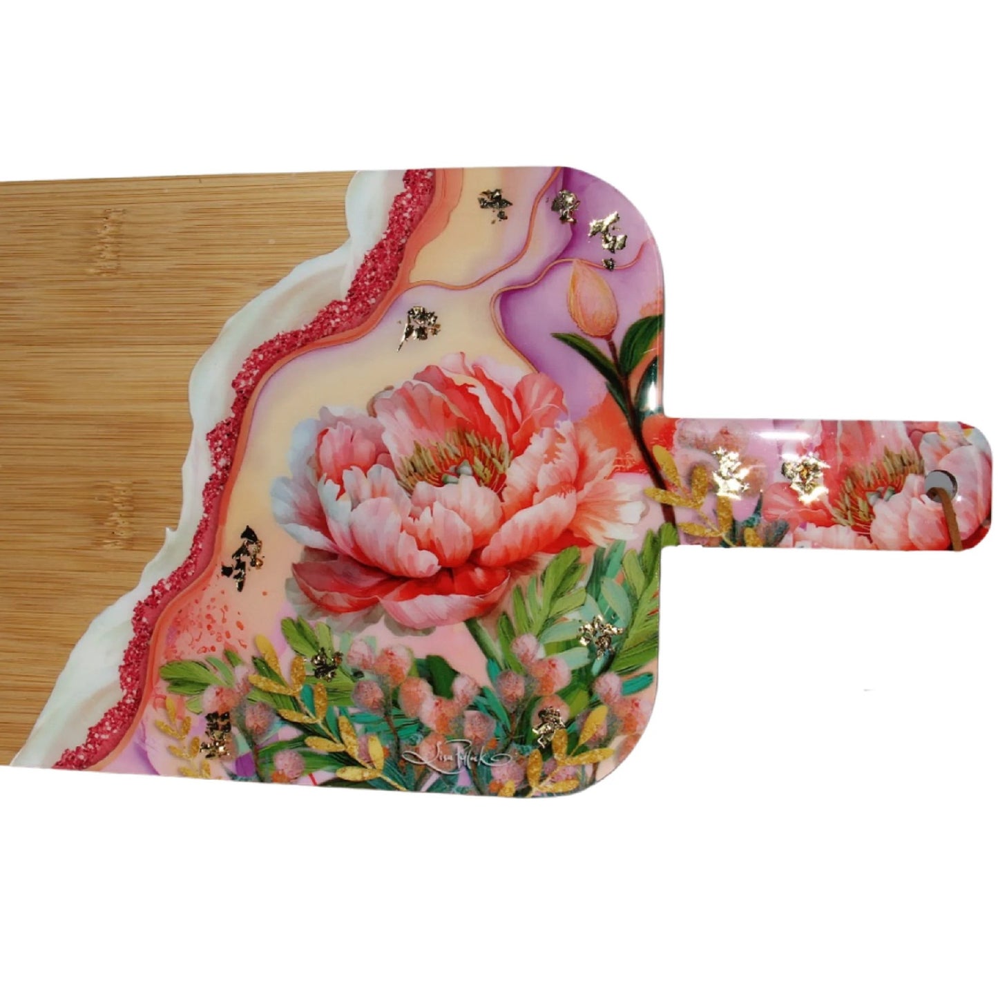 Lisa Pollock Resin Bamboo Serving Platter with Cheese Knife - Coral Peony