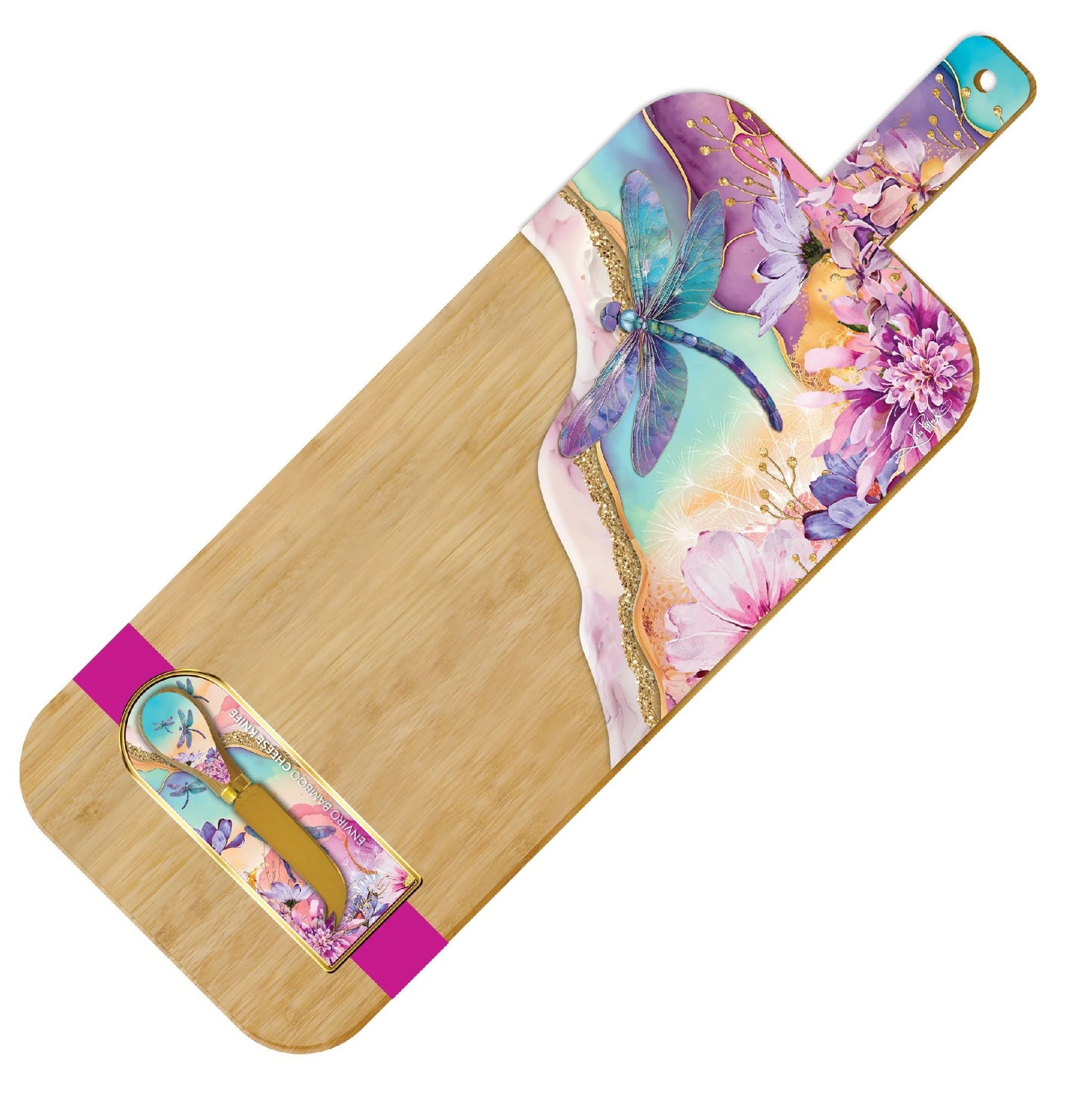 Lisa Pollock Resin Bamboo Serving Platter with Cheese Knife - Delightful Dragonflies