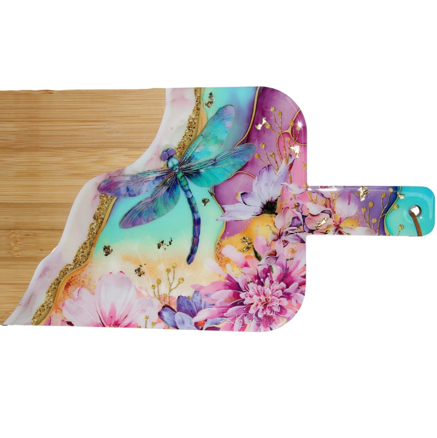 Lisa Pollock Resin Bamboo Serving Platter with Cheese Knife - Delightful Dragonflies