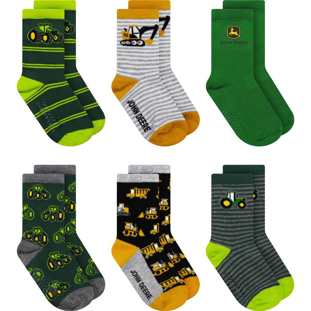 6 Pack Kids Crew Socks Multi-colour (toddler) Sizes 2t-4t - John Deere
