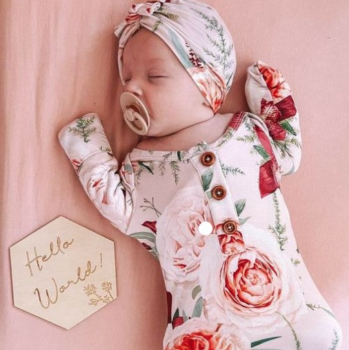 Peachy Knotted Baby Gown Set With Hello World Disc
