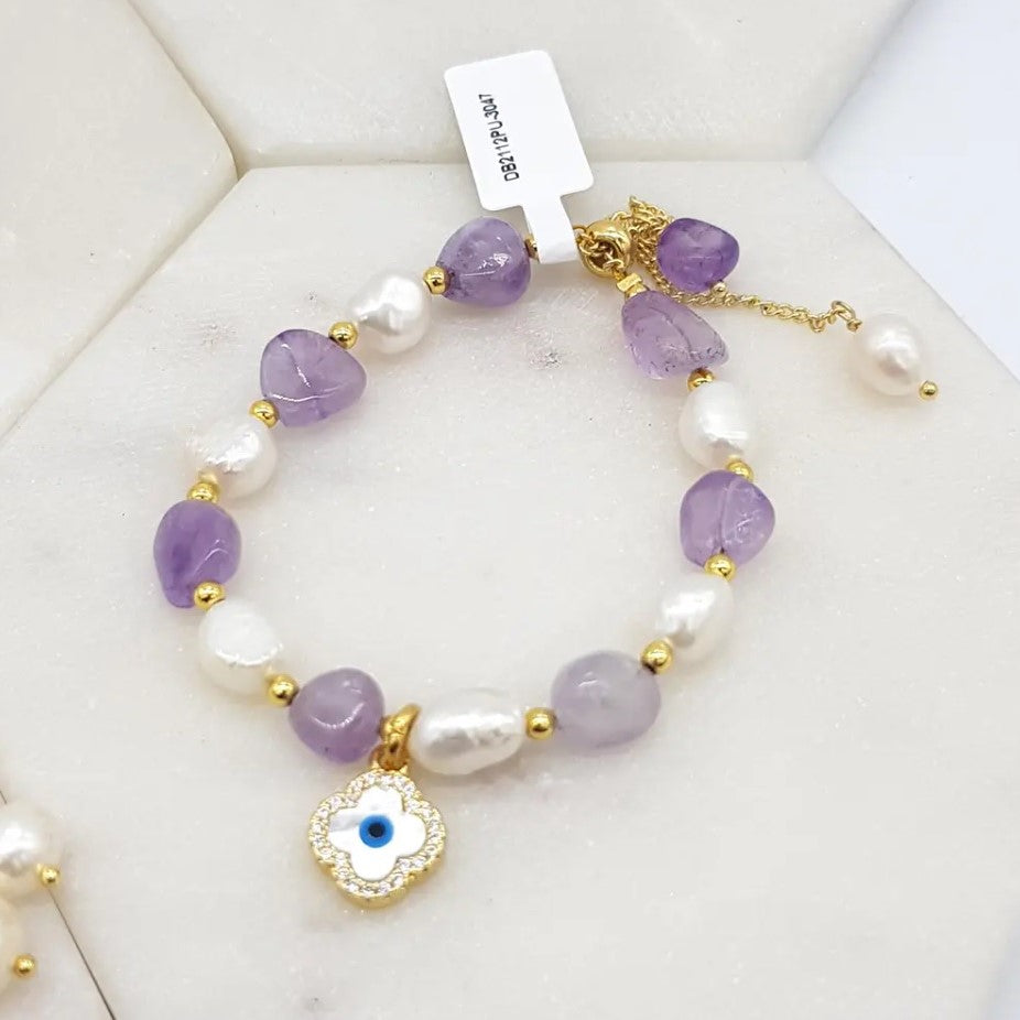 Mati Freshwater Pearl Bracelet with Clover Charm - Amethyst