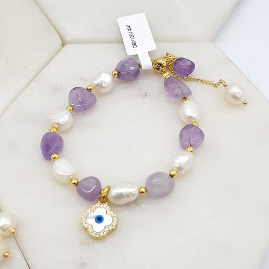 Mati Freshwater Pearl Bracelet with Clover Charm - Amethyst
