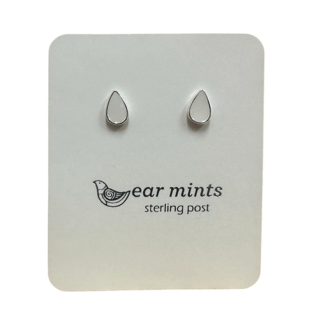 Fabienne - Earrings Studs Teardrop White Enamel [Col:Silver]
