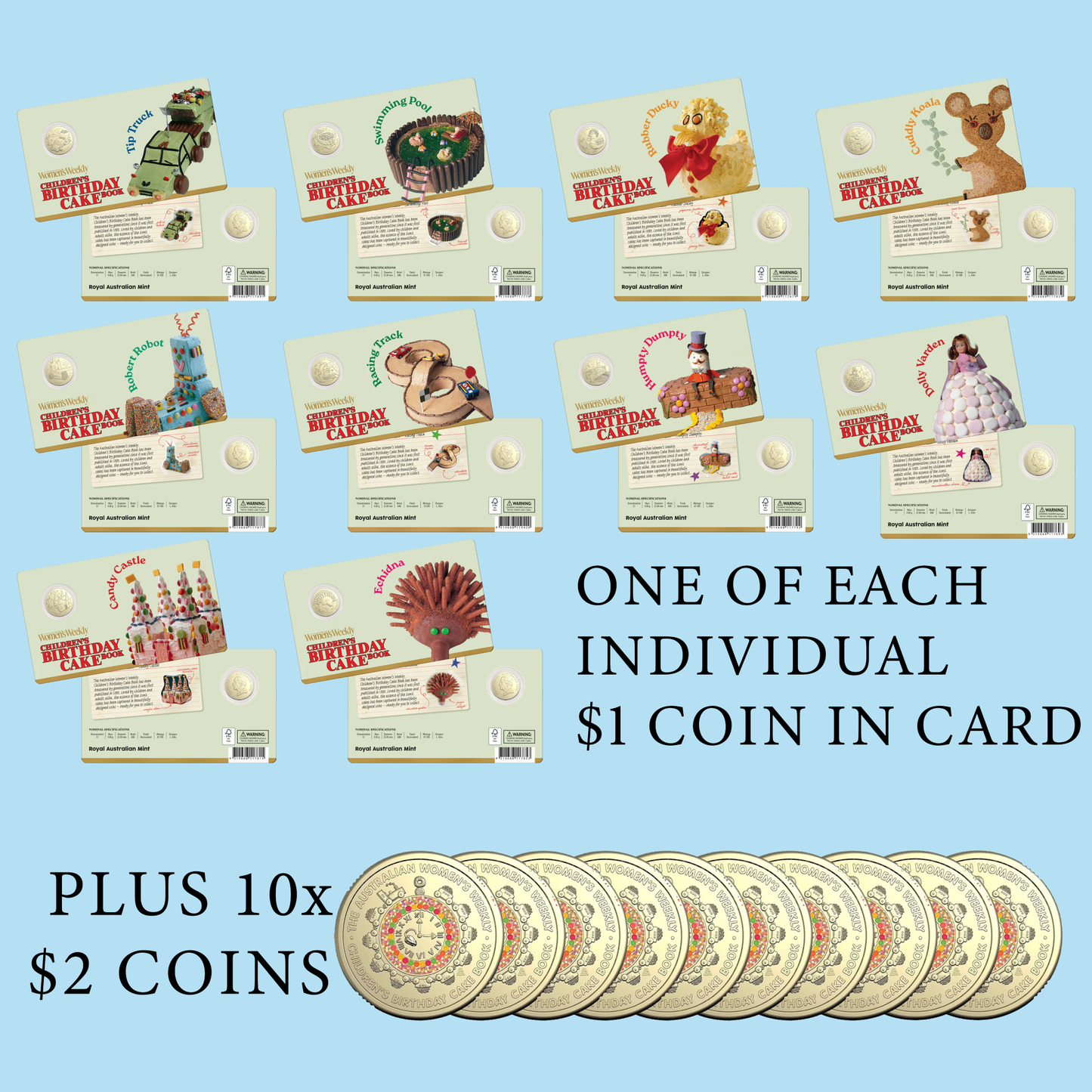 Royal Australian Mint - AWW Birthday Cake 10 Coin in Cards & 10 $2 Coloured Coins Bundle