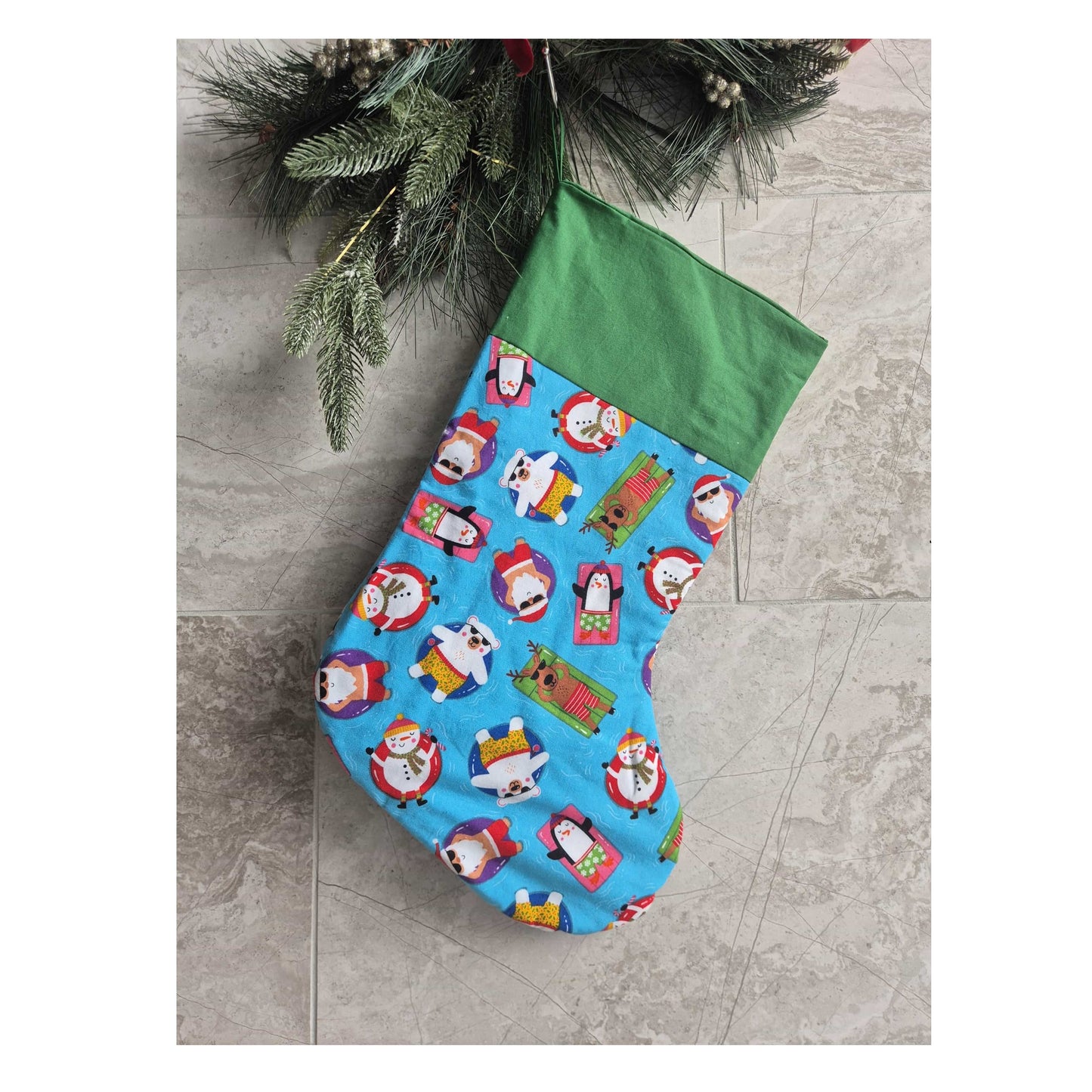 Christmas stocking with cartoon character pattern.