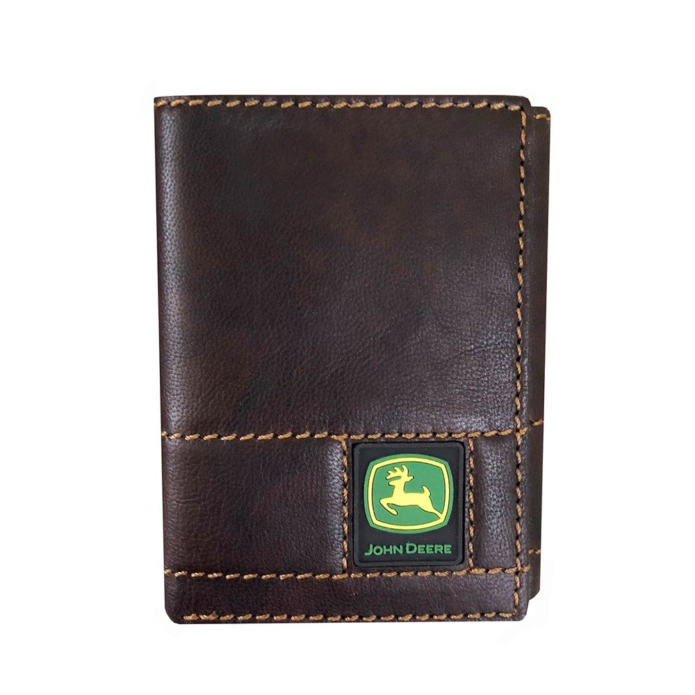 Brown Antique Leather Stitched Tri-fold Wallet - John Deere