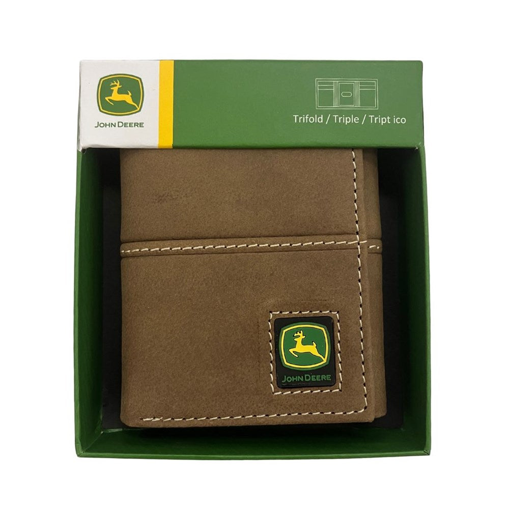 Tan Distressed Leather Tri-fold Wallet - John Deere