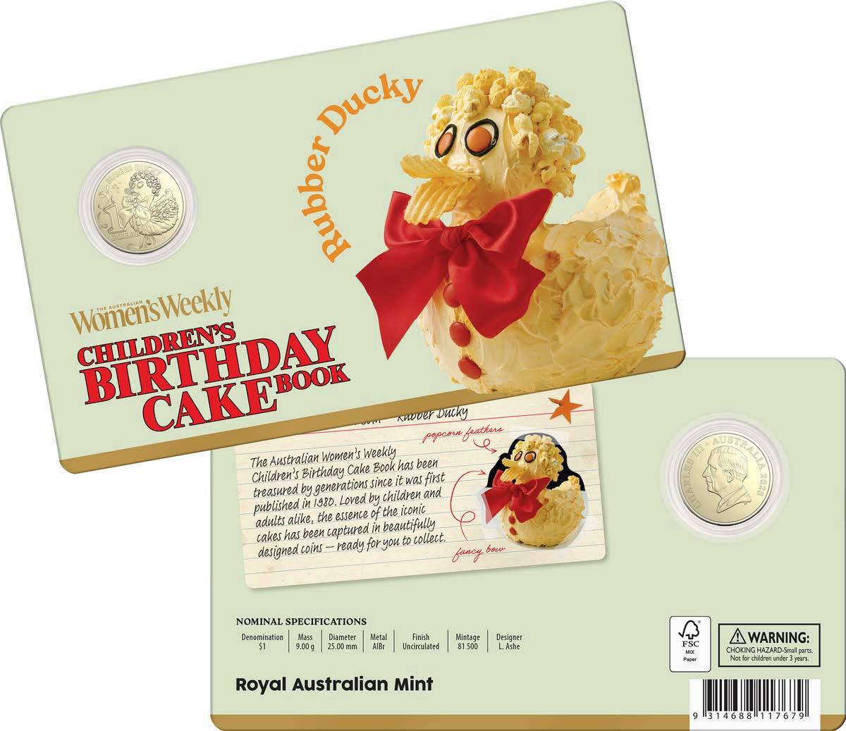 Royal Australian Mint - Birthday Cake Book Rubber Ducky $1 UNC Coin in Card
