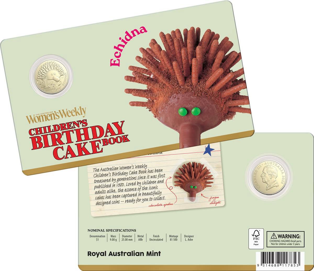 Royal Australian Mint - Birthday Cake Book Echidna $1 UNC Coin in Card 