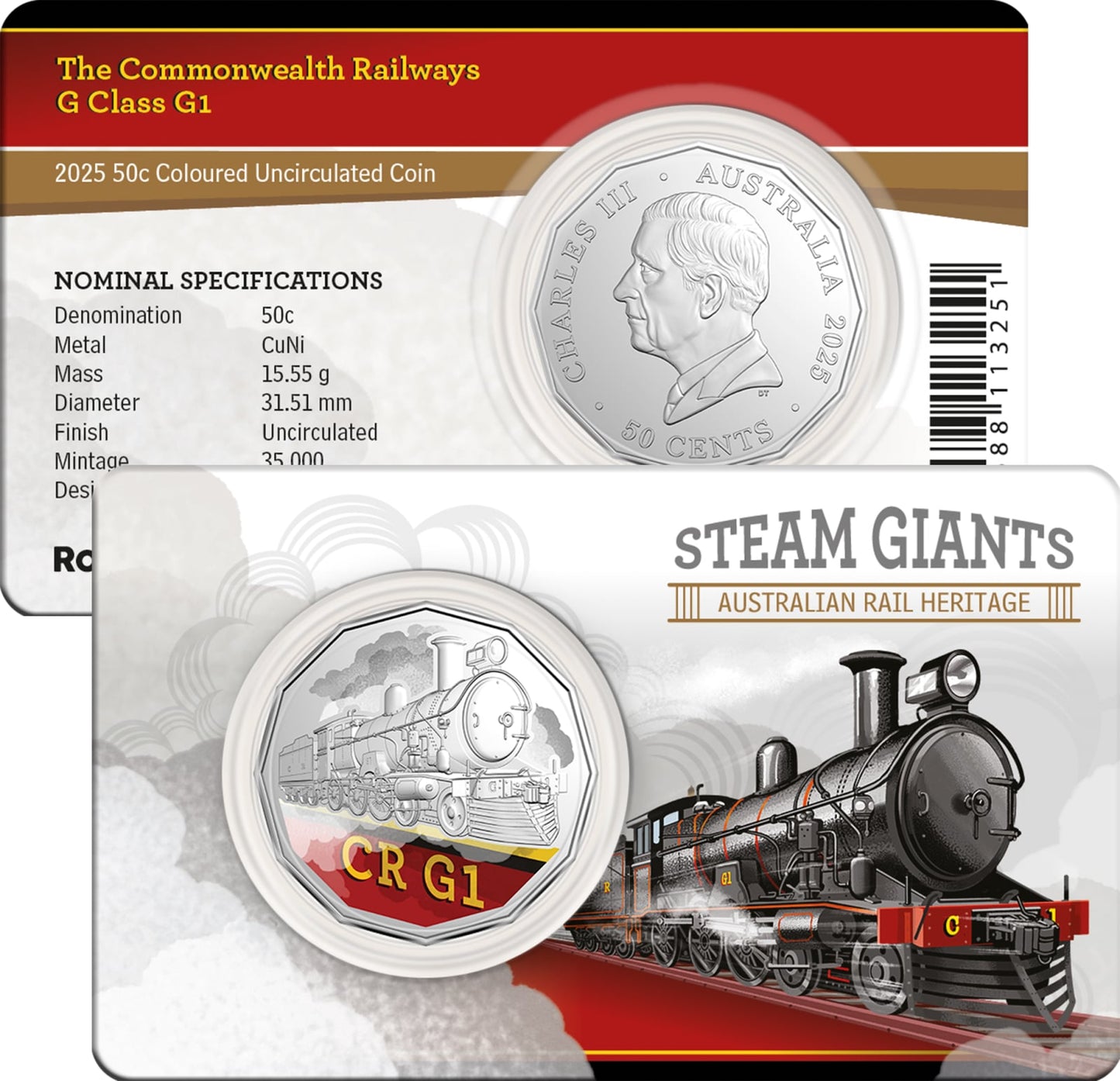 Royal Australian Mint -  2025 $50 Coloured Unc 7 Coin Collection Australian Rail Heritage Steam Giants