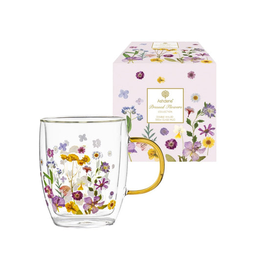 Pressed Flowers Double Walled Glass Mug