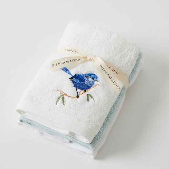 Blue Wren Face Washer Set Of 3 (2 Plain)