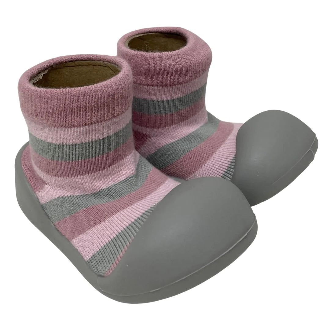 Rubber Sole Socks - Pink & Grey Stripe 18-24