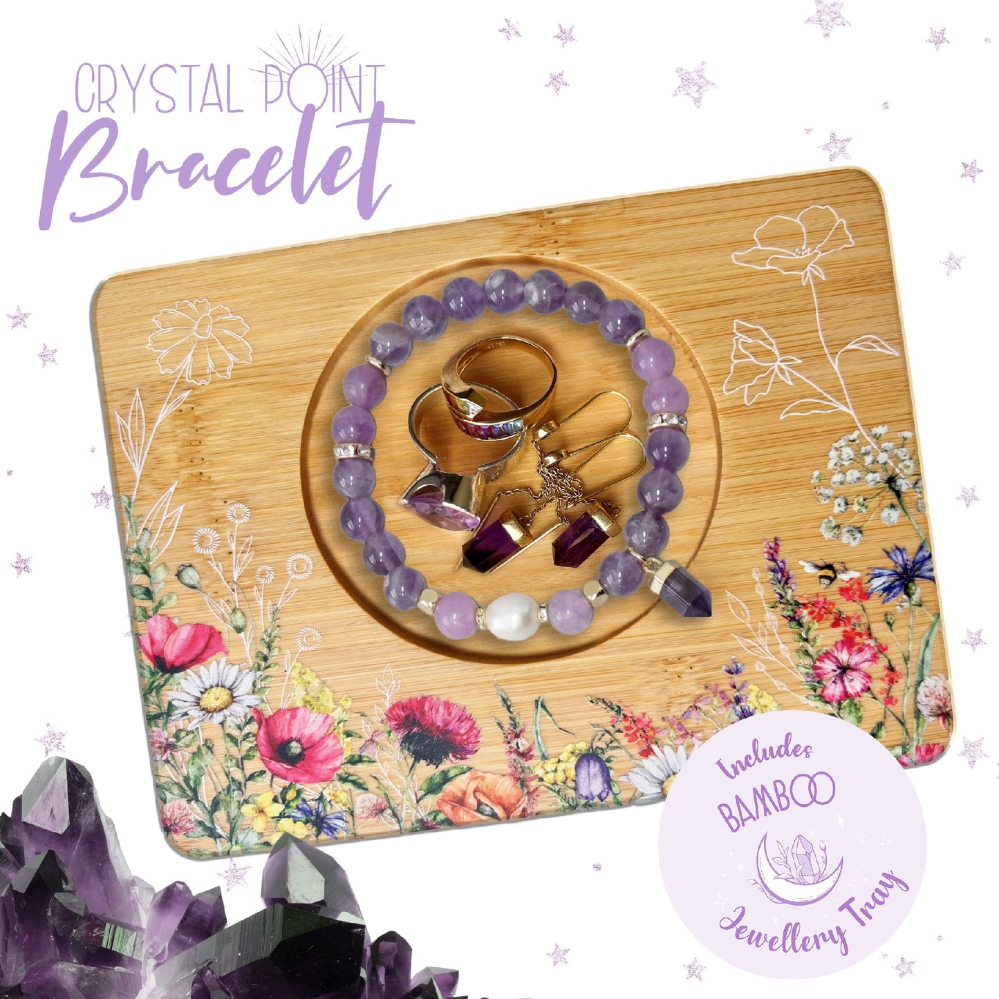 Amethyst Crystal Point Bracelet W/ Bamboo Tray