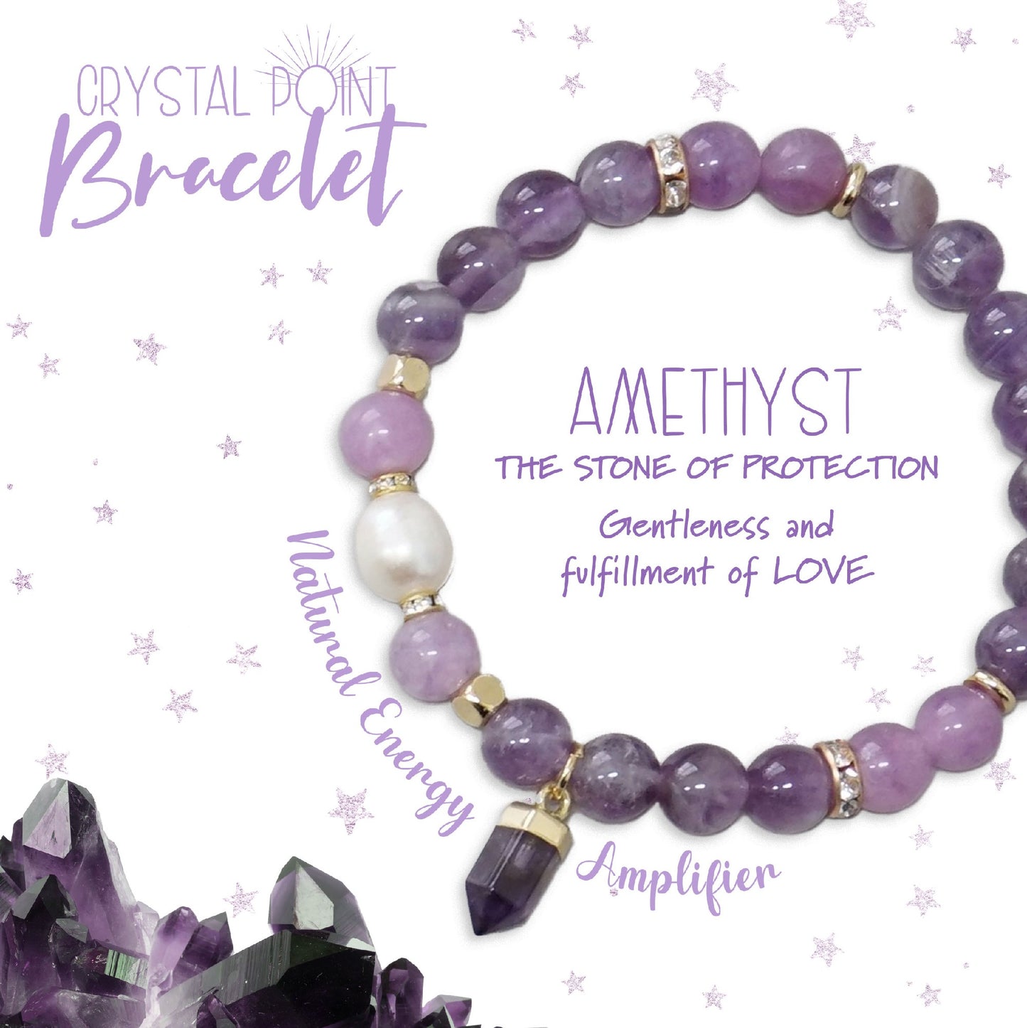 Amethyst Crystal Point Bracelet W/ Bamboo Tray