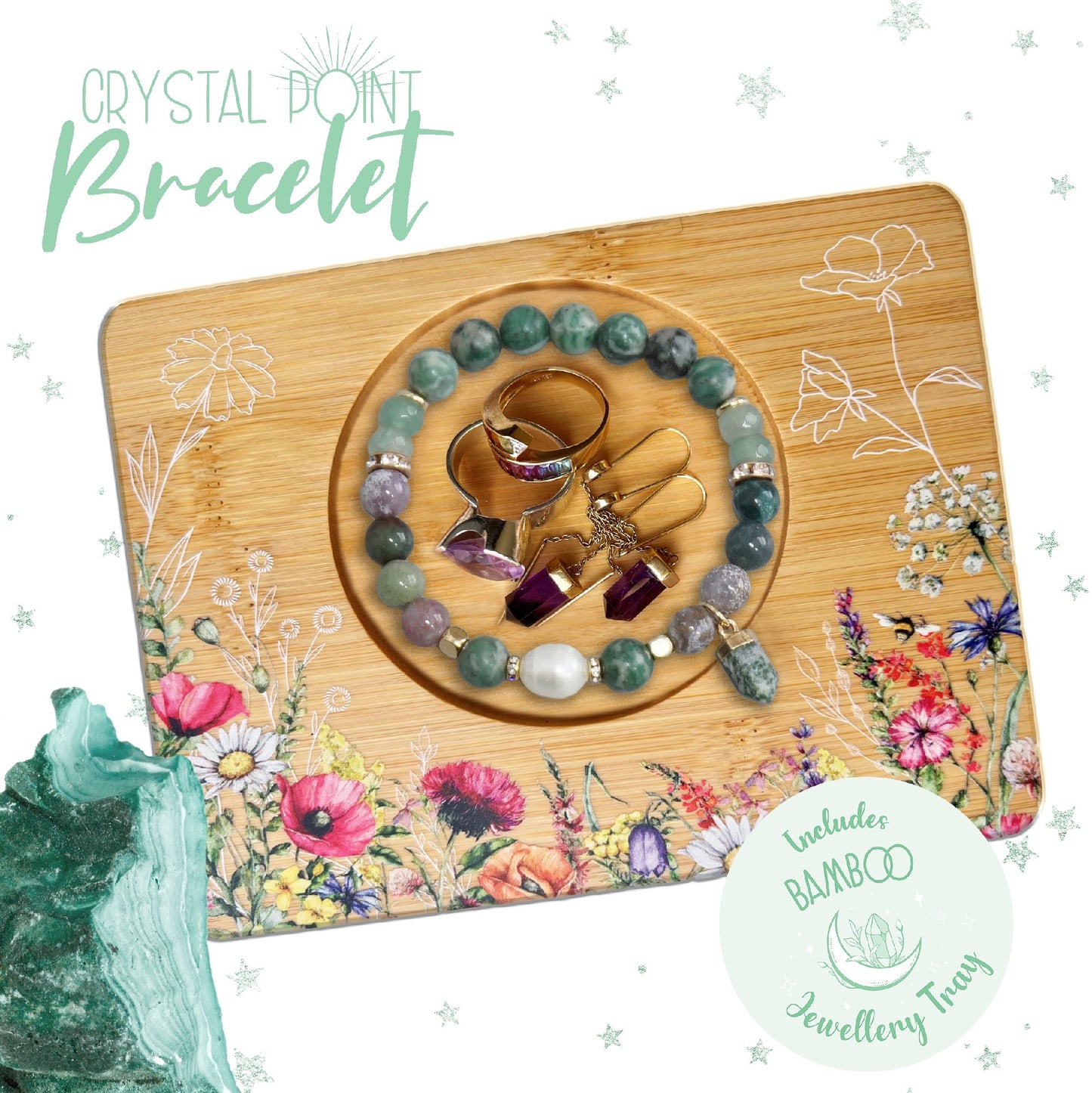 Indian Agate Crystal Point Bracelet W/ Bamboo Tray