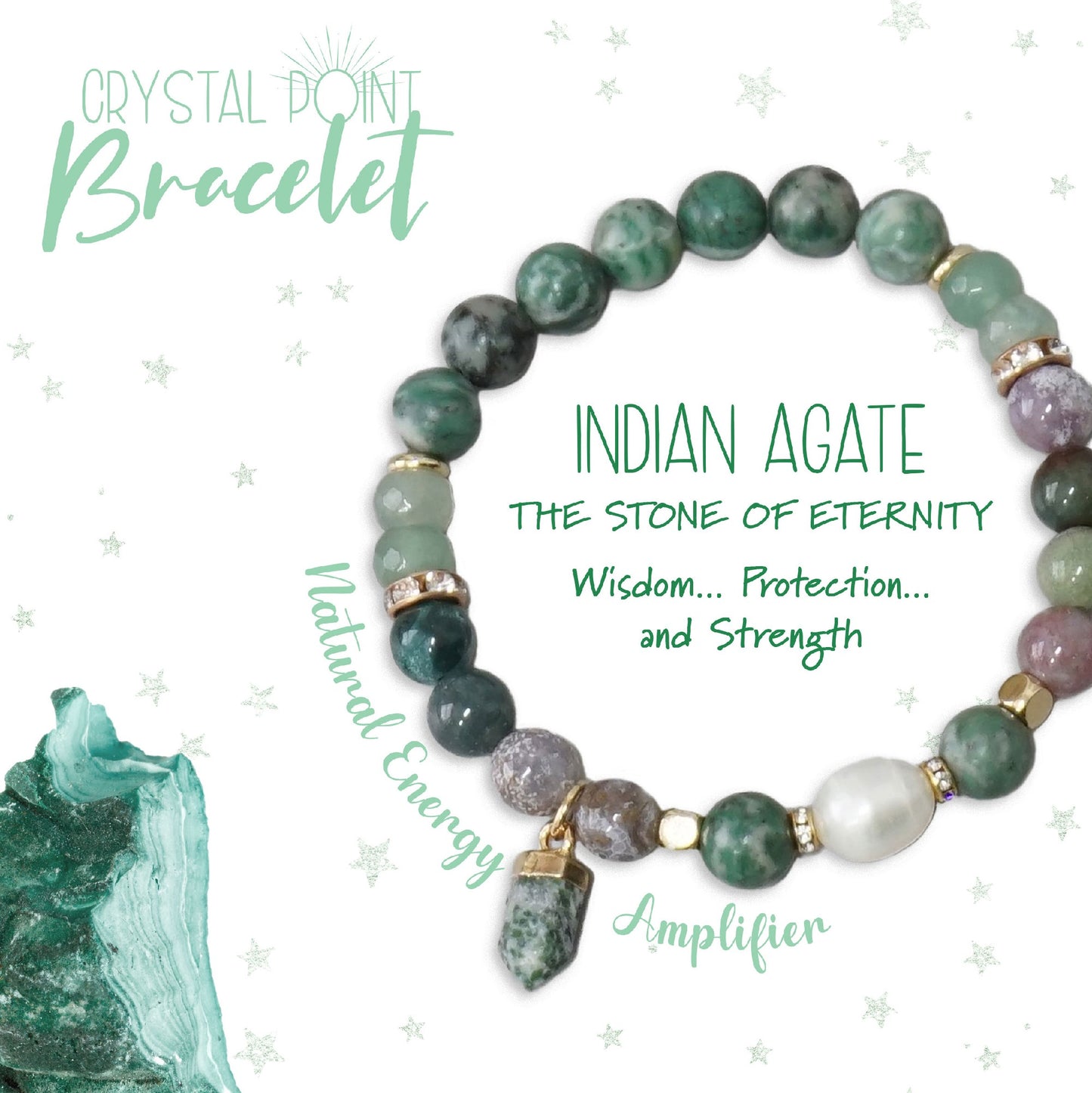 Indian Agate Crystal Point Bracelet W/ Bamboo Tray