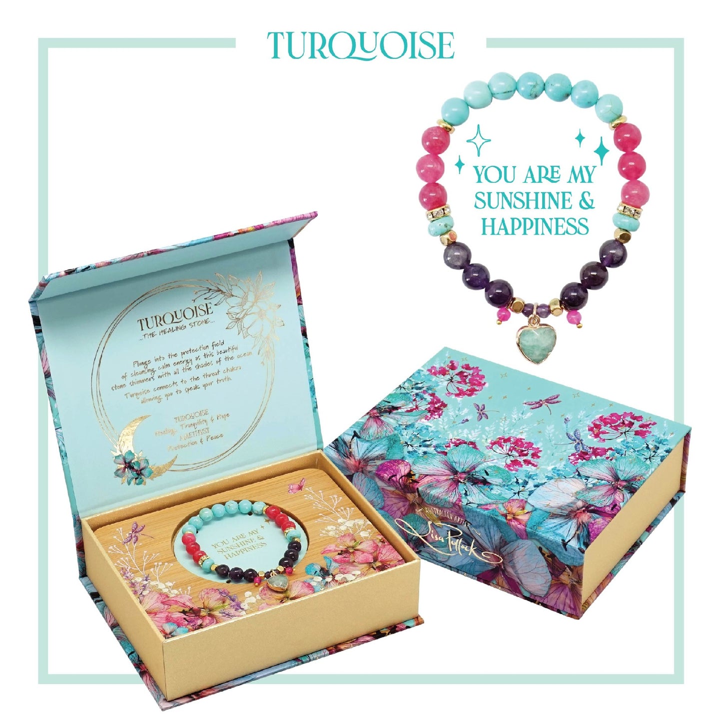 Turquoise Crystal Heart Bracelet With Bamboo Tray