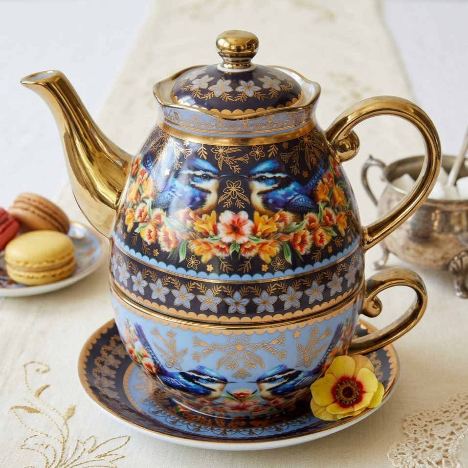 Lisa Pollock Blue Wrens Ceramic Tea for One Set